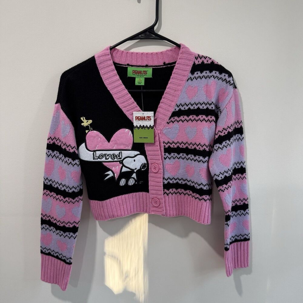 Peanuts Snoopy Pink GIRL Valentine's Day Cardigan Sweater Size 7/8 V-Neck Button